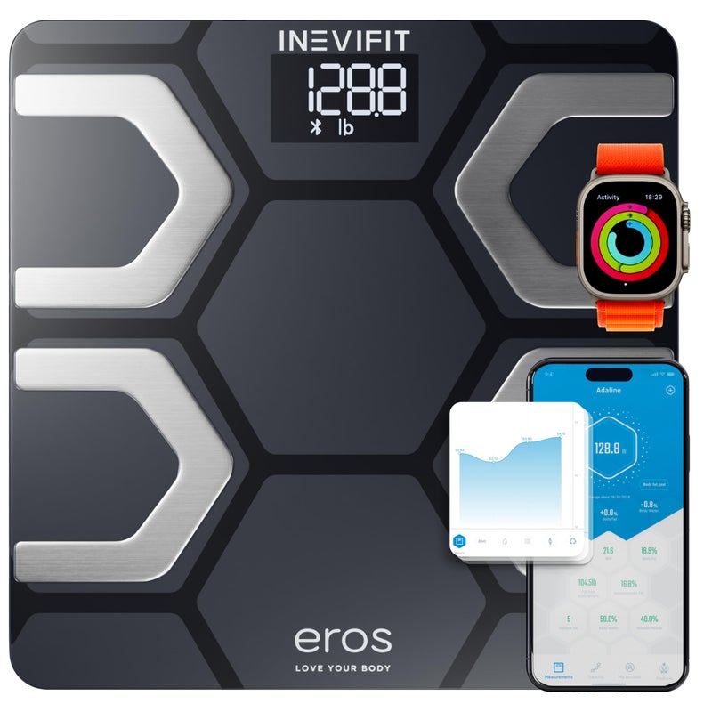 INEVIFIT ميزان الدهون في الجسم بلوتوث INEVIFIT EROS - مقياس BMI ذكي بدقة عالية - محلل تكوين الجسم الرقمي مع تطبيق هاتف ذكي لاسلكي 400 رطل 11.8 × 11.8 بوصة (أسود) - Image 1